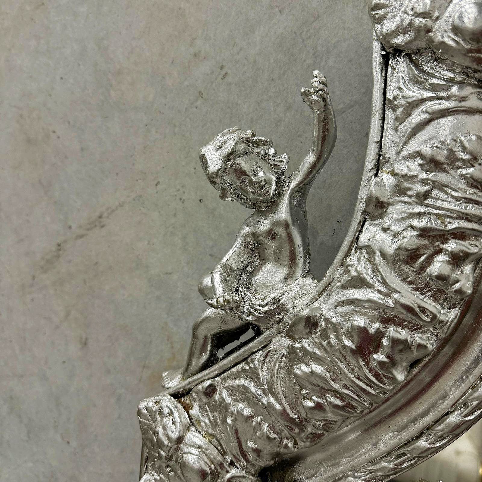 Baroque Rococo Floor Mirror – Silver Leaf Finish, Angels Carved on Both Sides