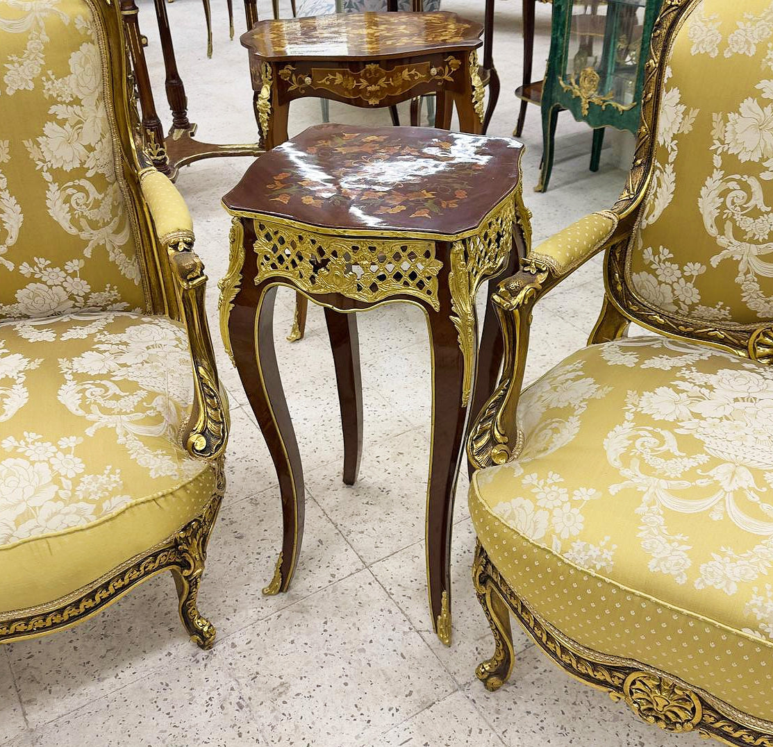 French Style Walnut Wood Louis XVI Small Side Table Bronze Details