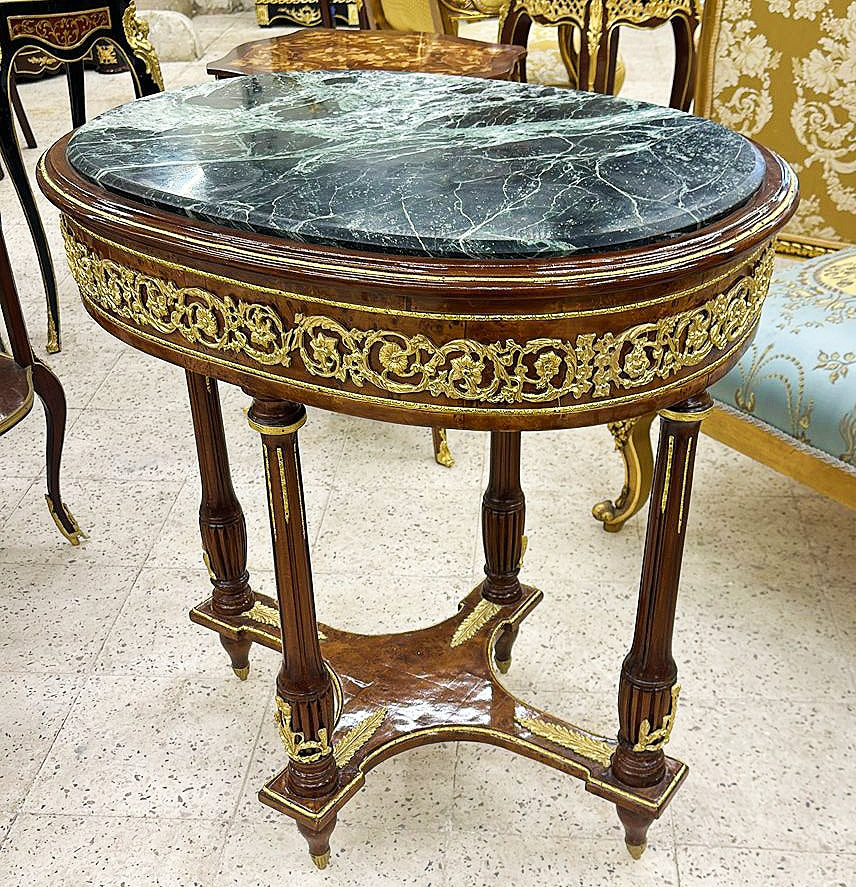 Louis XVI Style French Side Table – Walnut Wood & Marble Topped