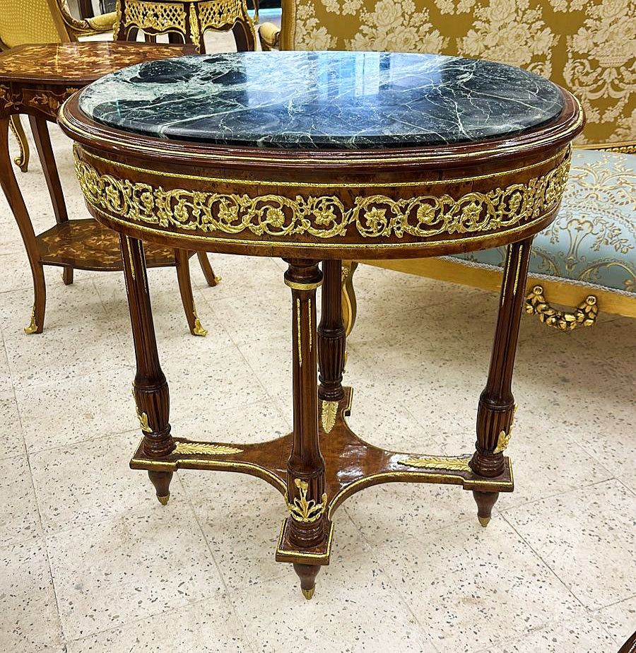 Louis XVI Style French Side Table – Walnut Wood & Marble Topped