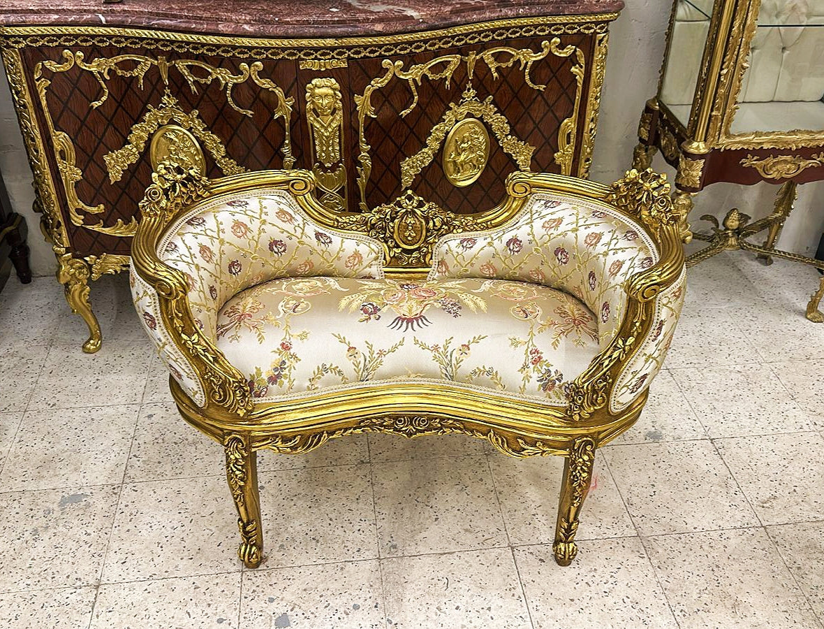 French Style Beige White Tufted Bench with Gold Leaf Details