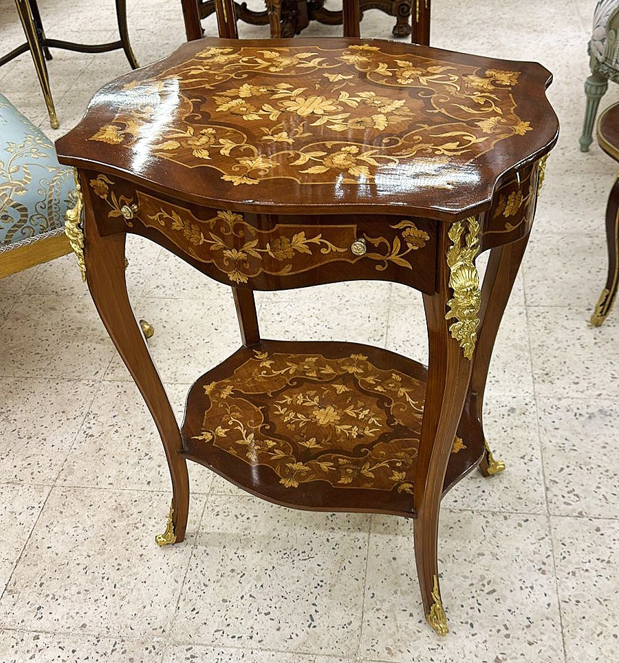 Louis XV Style Bedside Table – French Marquetry Side Table with Drawer