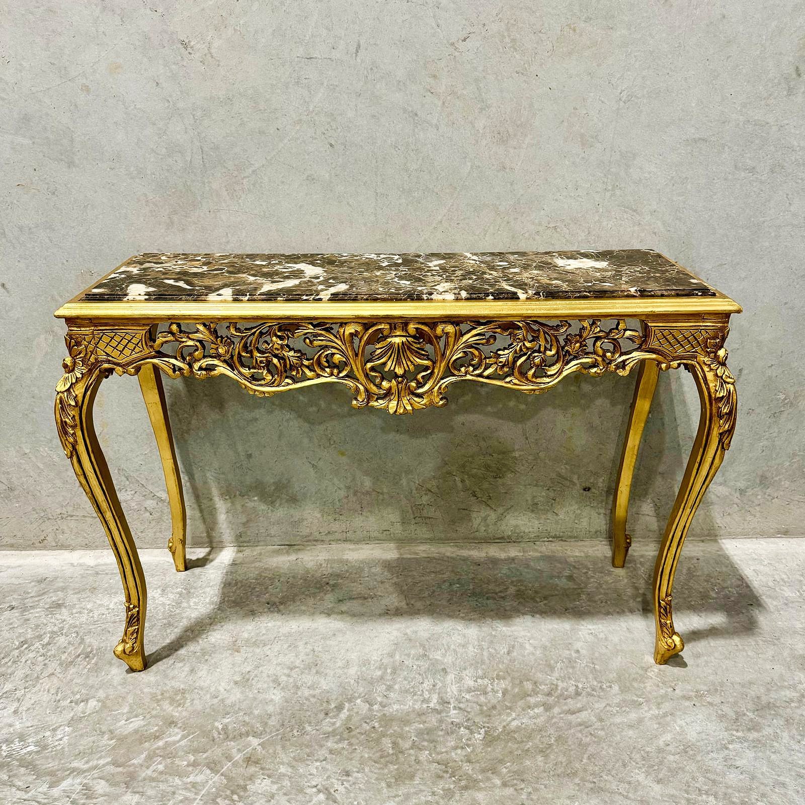 Luxury Baroque Console Table – Gold Leaf Finish with Carvings & Marble Top