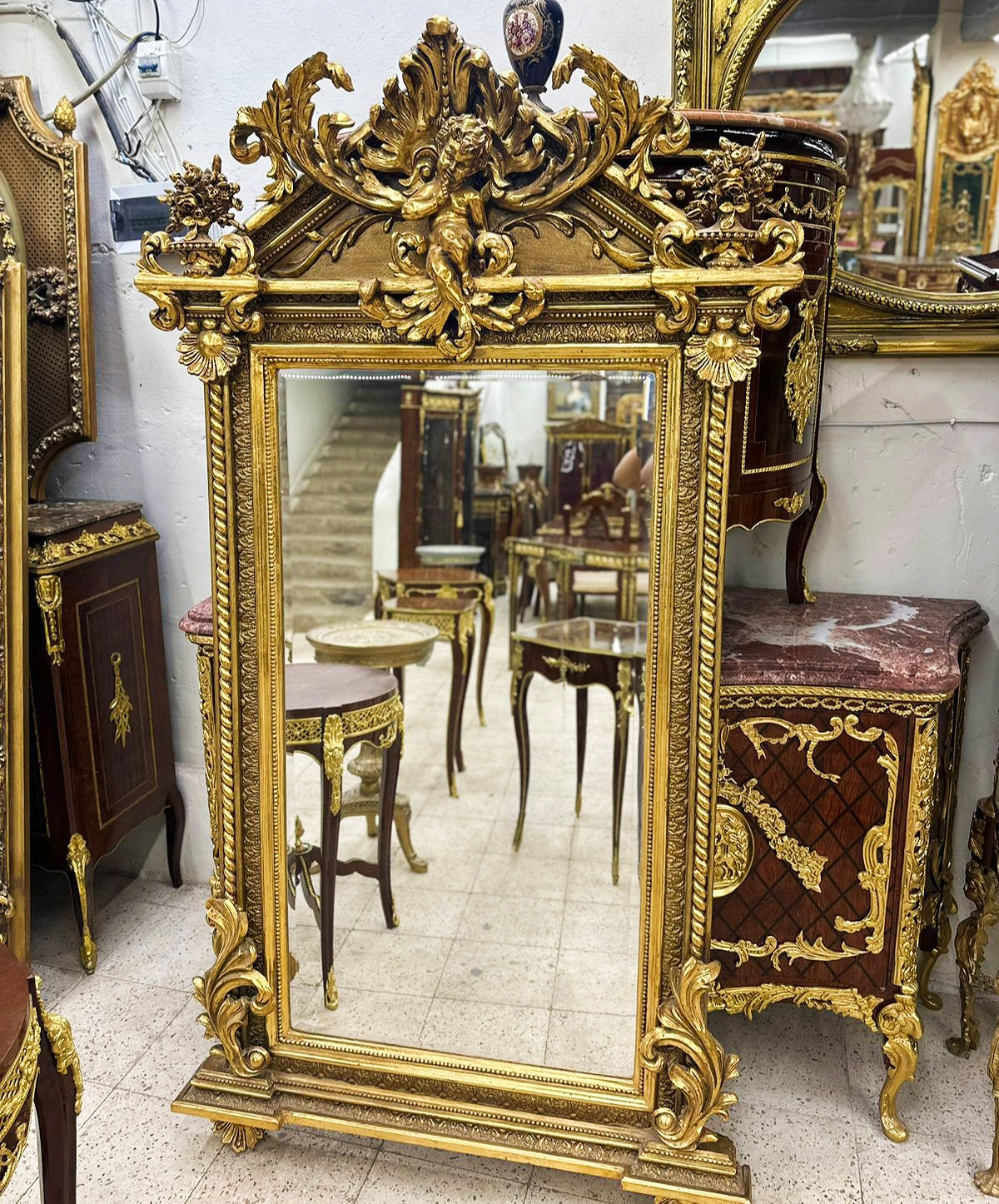 French Baroque Mirror Rococo Mirror Antique Mirror 6.4" Feet Tall Gold Leaf Antique