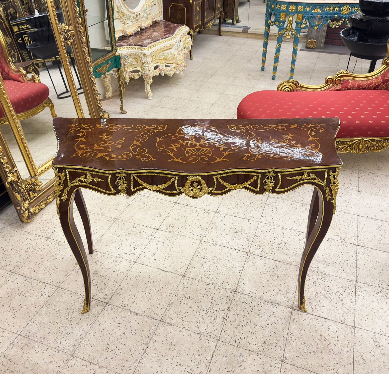 French Style Console Table – Wood with Gold Leaf Details, 33"H x 47"W x 20"D