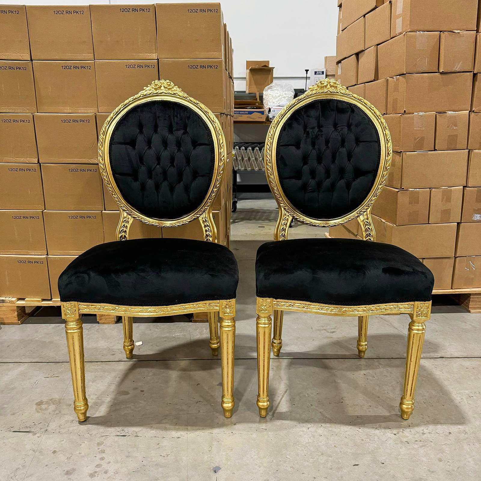 French Style Tufted Black Velvet Chair with Gold Details Rococo Baroque