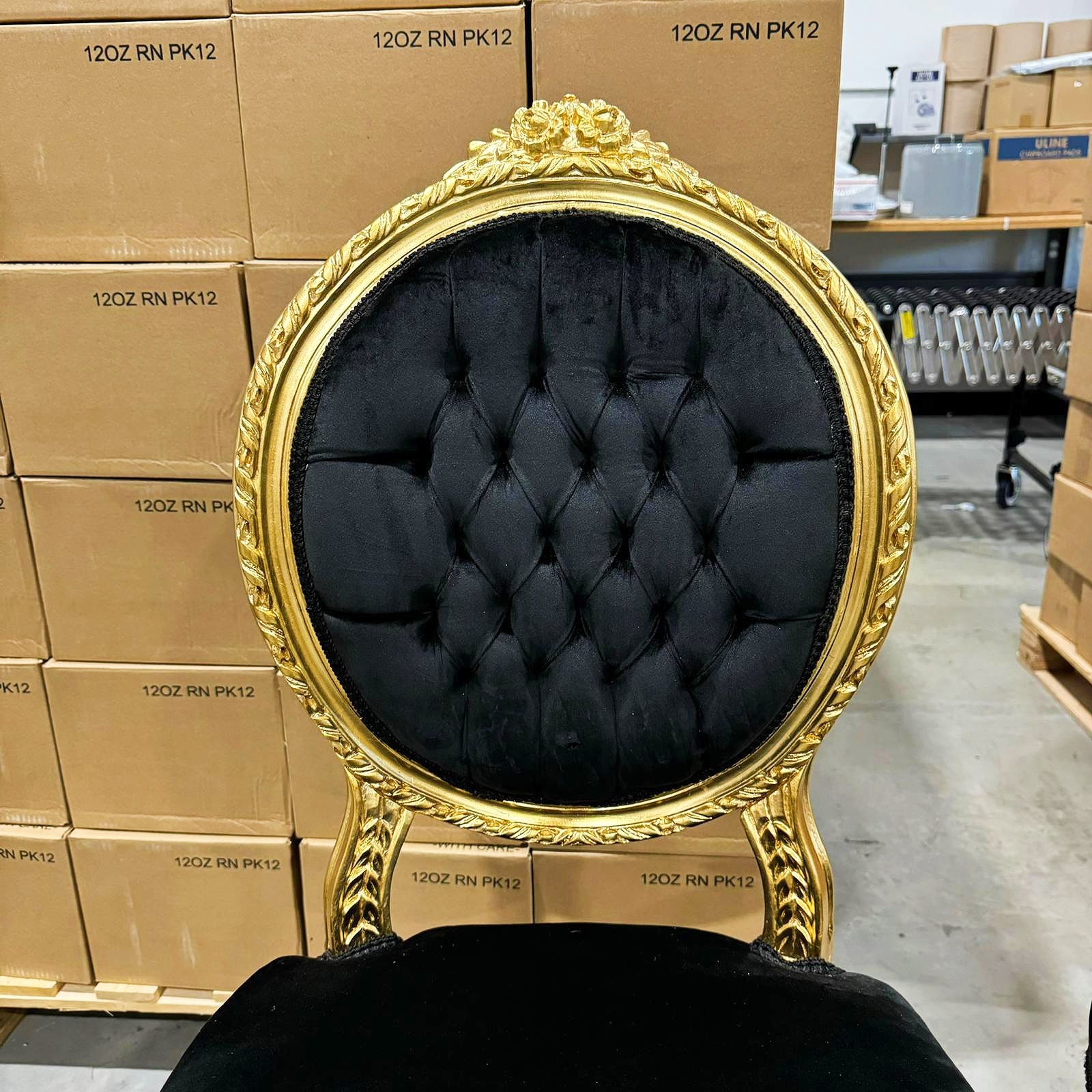 French Style Tufted Black Velvet Chair with Gold Details Rococo Baroque