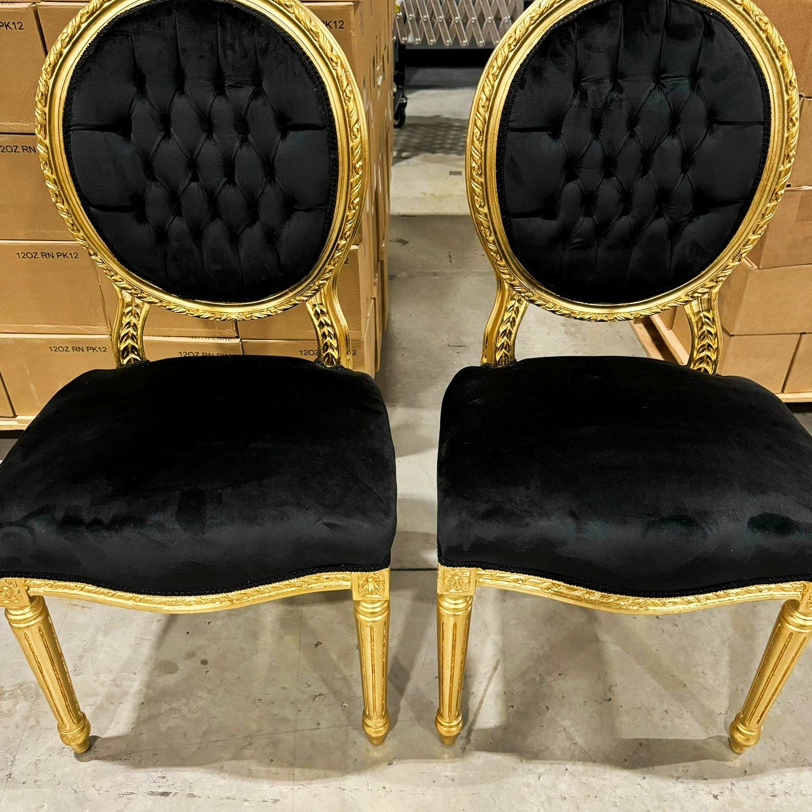 French Style Tufted Black Velvet Chair with Gold Details Rococo Baroque
