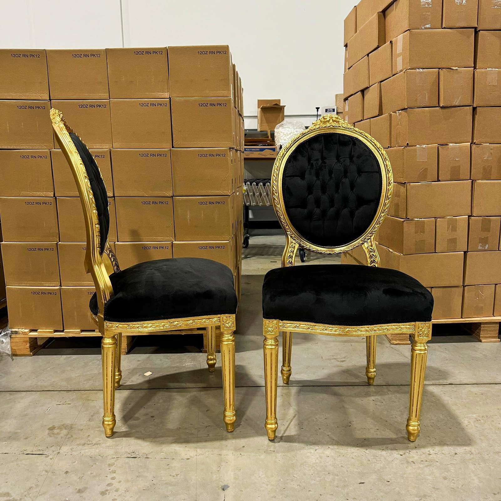 French Style Tufted Black Velvet Chair with Gold Details Rococo Baroque