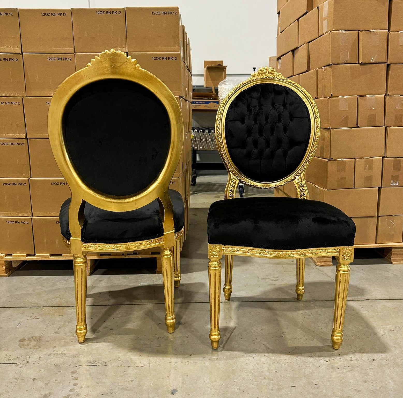 French Style Tufted Black Velvet Chair with Gold Details Rococo Baroque