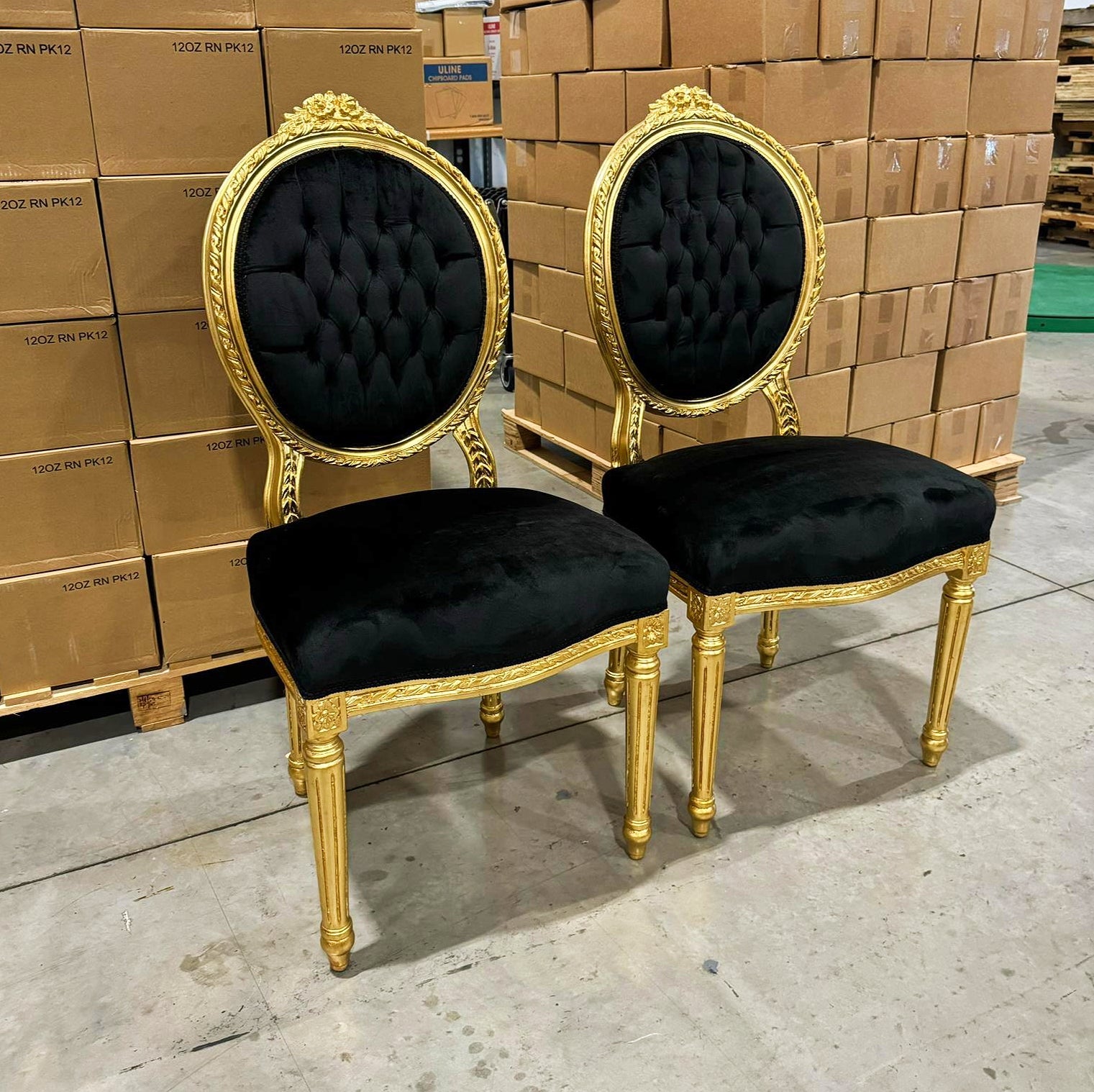 French Style Tufted Black Velvet Chair with Gold Details Rococo Baroque