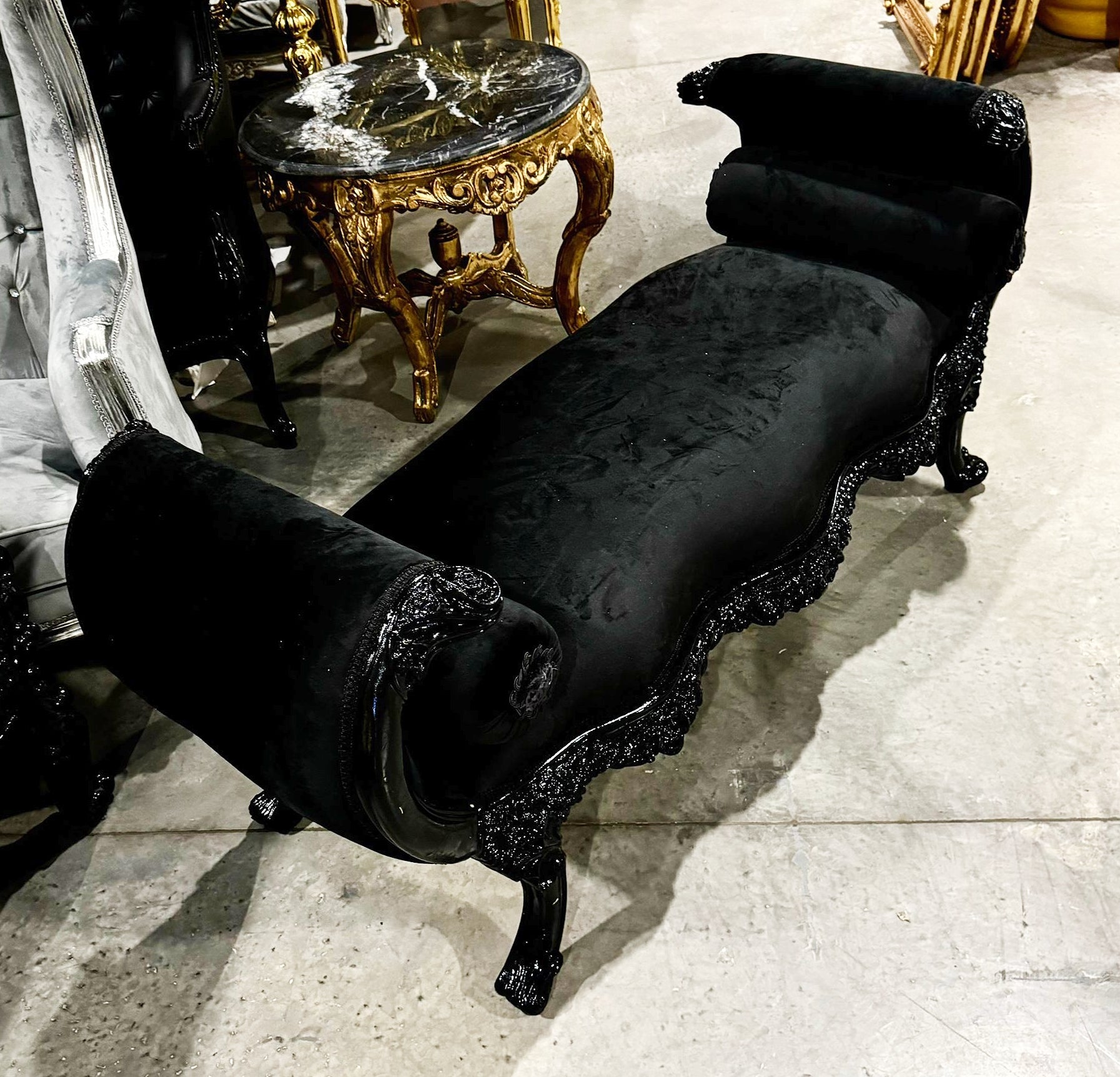 Baroque Style Black Velvet Bench Interior Deisgn Furniture