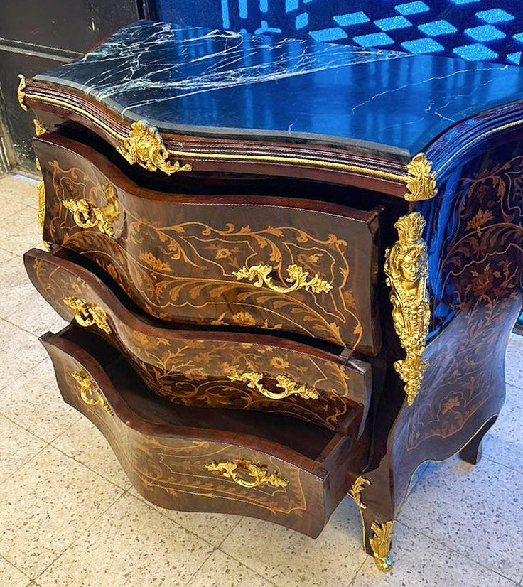 French Louis XVI Style Brown Marquetry Commode Chest of Drawers Furniture Gold