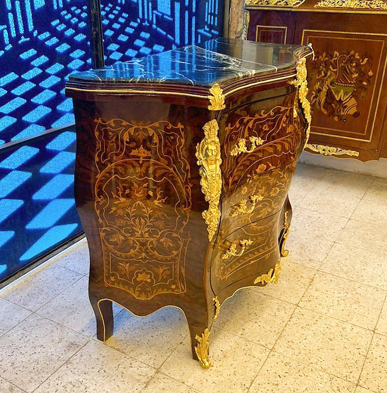 French Louis XVI Style Brown Marquetry Commode Chest of Drawers Furniture Gold