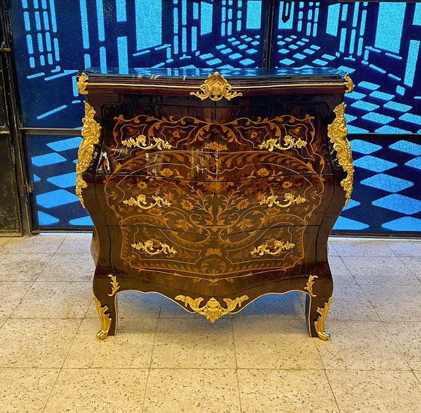 French Louis XVI Style Brown Marquetry Commode Chest of Drawers Furniture Gold