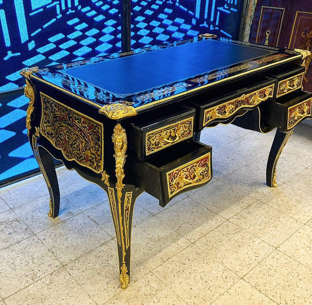 Wooden Black Office Desk with 5 Drawers and Gold Details