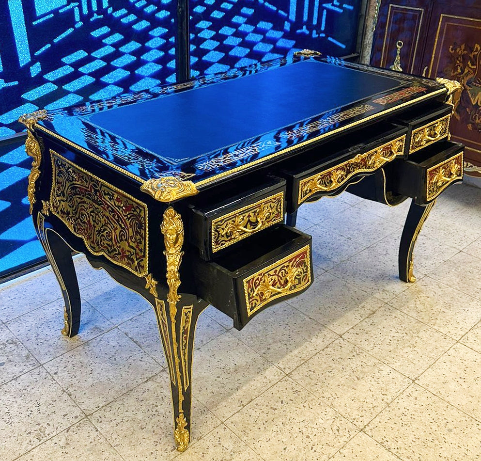 Wooden Black Office Desk with 5 Drawers and Gold Details