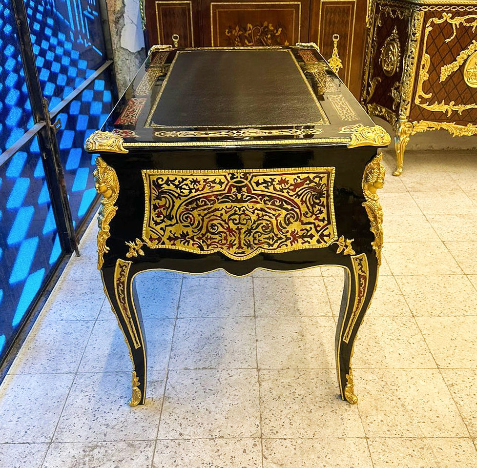 Wooden Black Office Desk with 5 Drawers and Gold Details