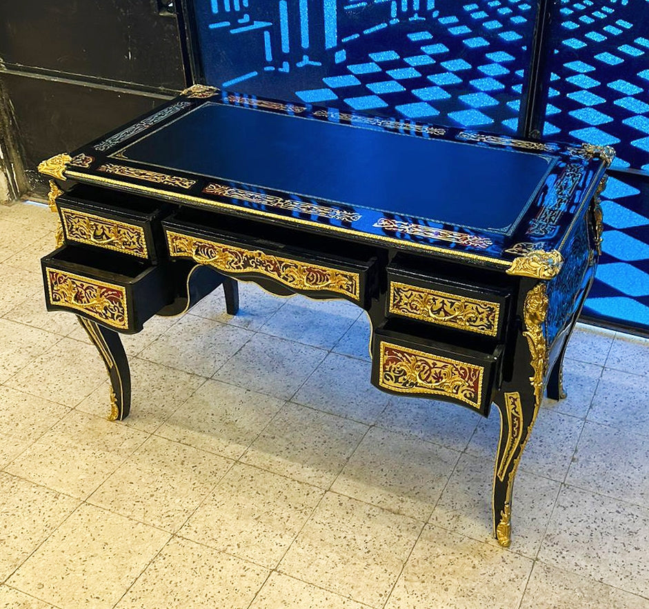 Wooden Black Office Desk with 5 Drawers and Gold Details