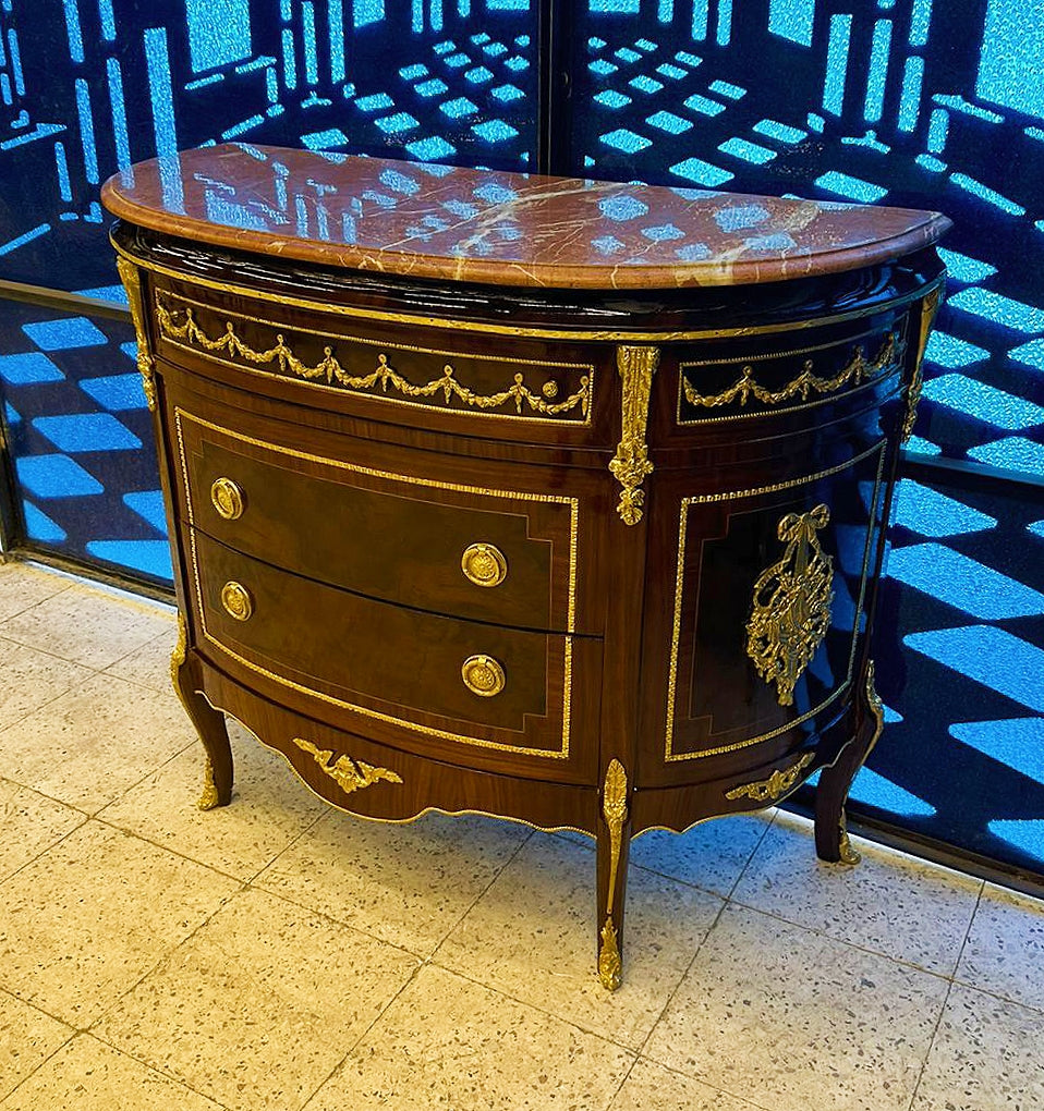 Louis XVI Half-Moon Marquetry Commode with Marble Top & Gold Bronze Accents