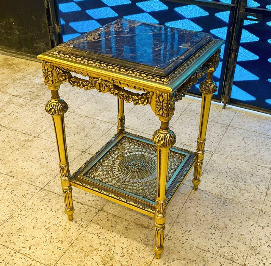 French Style Square Side Table – Black Marble Top with Gold Leaf Details