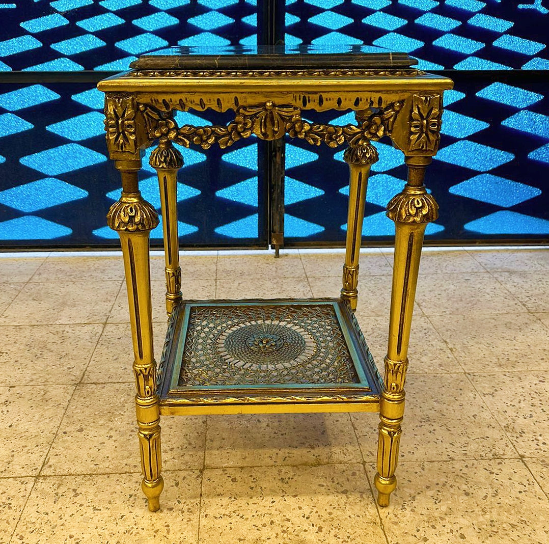 French Style Square Side Table – Black Marble Top with Gold Leaf Details