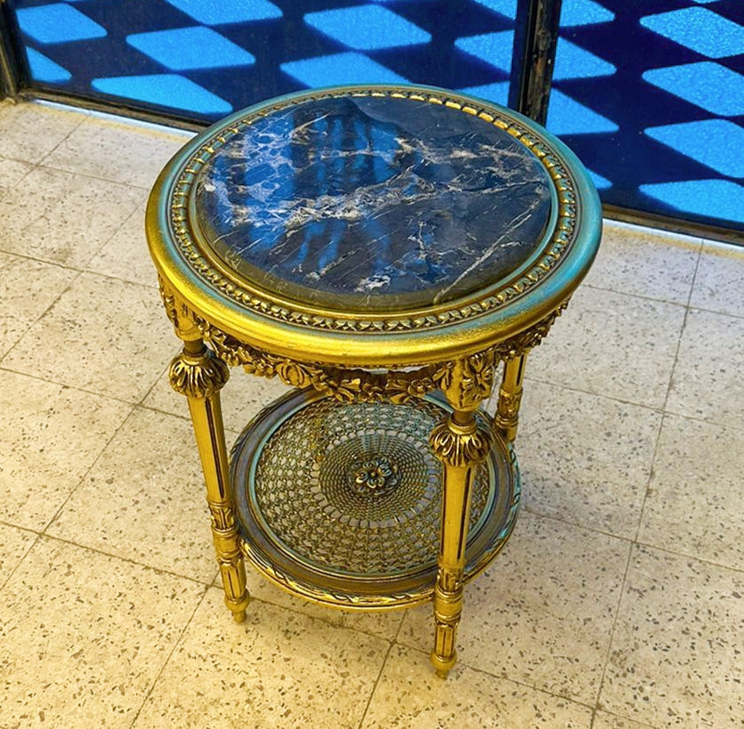 Italian Rococo Side Table – Black Marble Top with Gold Leaf Details