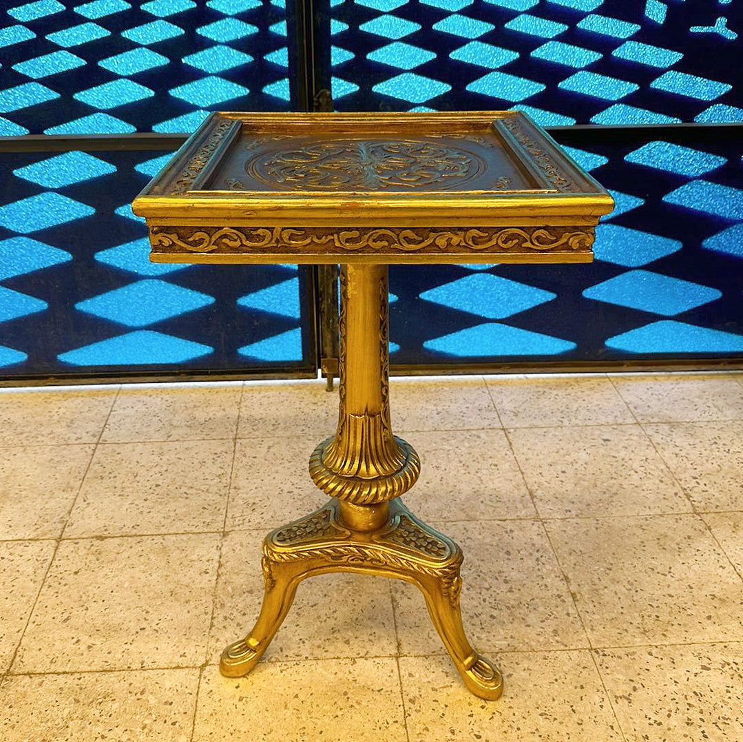Golden Side Table – French Style Square Table with Black & Gold Leaf Details