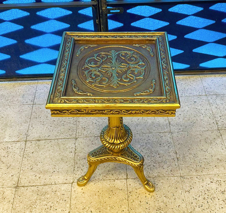 Golden Side Table – French Style Square Table with Black & Gold Leaf Details