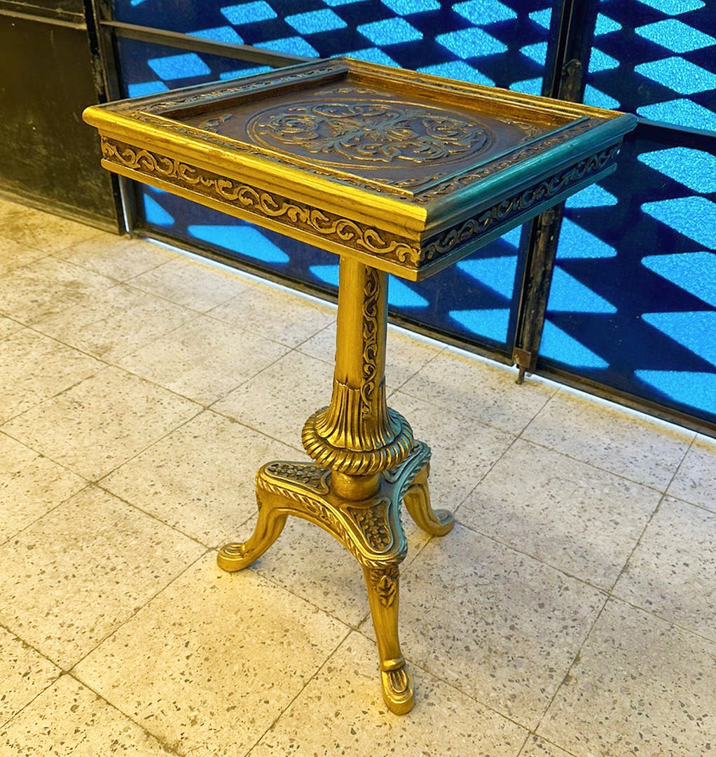 Golden Side Table – French Style Square Table with Black & Gold Leaf Details