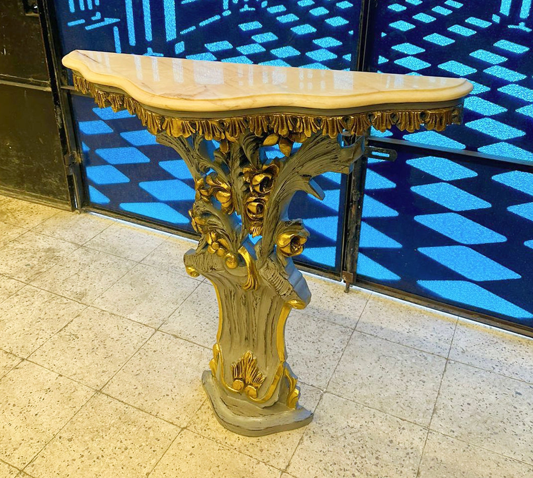 Rococo Style Marble Topped Gray Console Table – 35.5"H x 64.5"W x 22"D