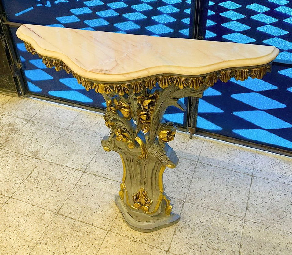 Rococo Style Marble Topped Gray Console Table – 35.5"H x 64.5"W x 22"D