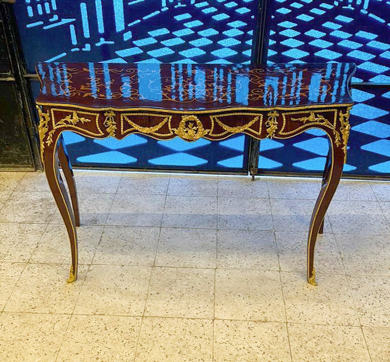 French Style Copper Console Table – Floral Marquetry Top, Gold Leaf & Bronze Details Luxury Entryway Table
