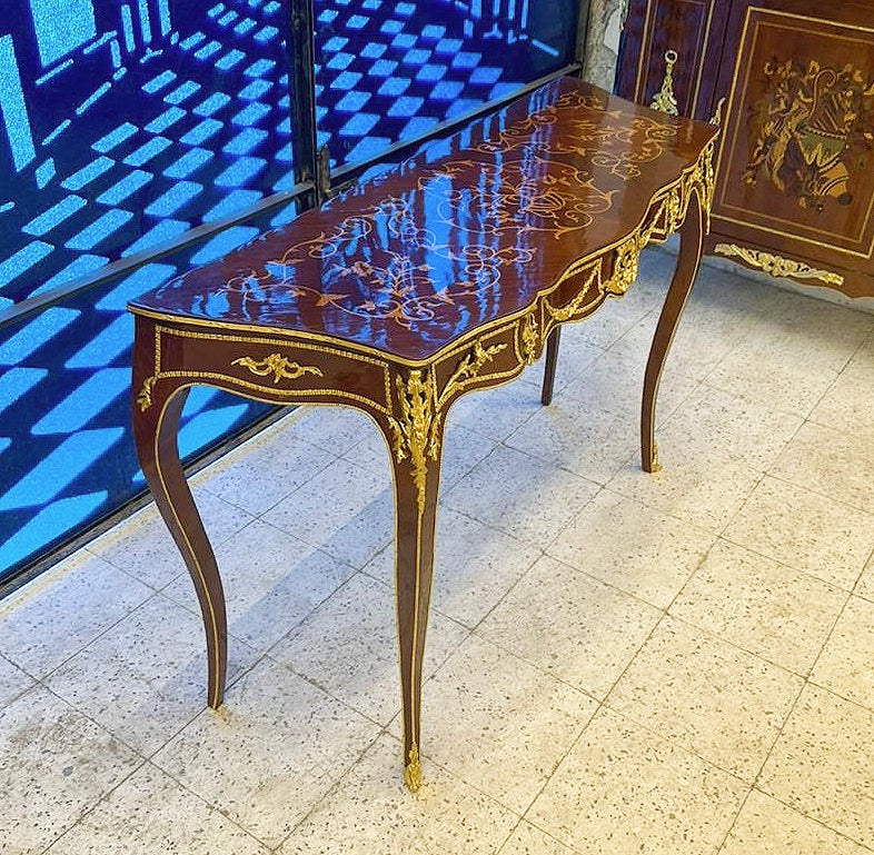 French Style Copper Console Table – Floral Marquetry Top, Gold Leaf & Bronze Details Luxury Entryway Table