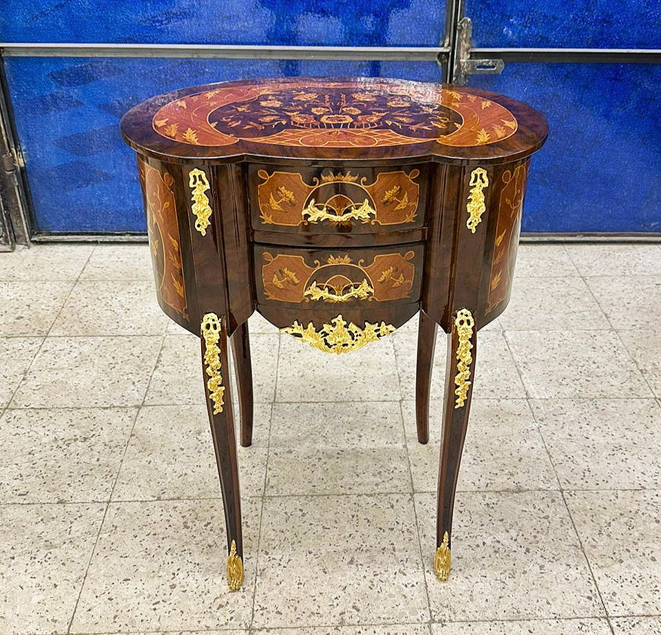 Bedside Table Louis XV Style – French Marquetry Side Table with Drawer