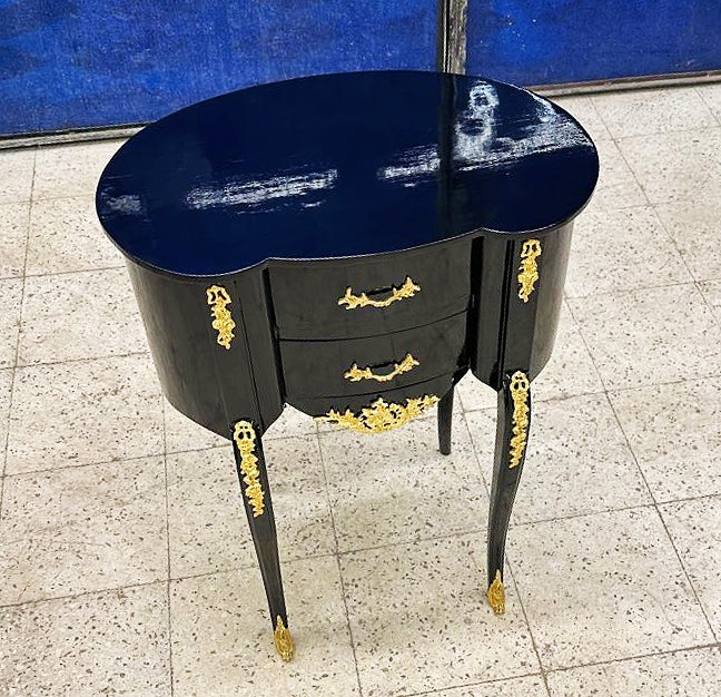 Black Bedside Table Louis XV Style – French Marquetry Side Table with Drawer