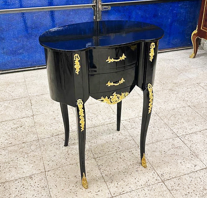 Black Bedside Table Louis XV Style – French Marquetry Side Table with Drawer