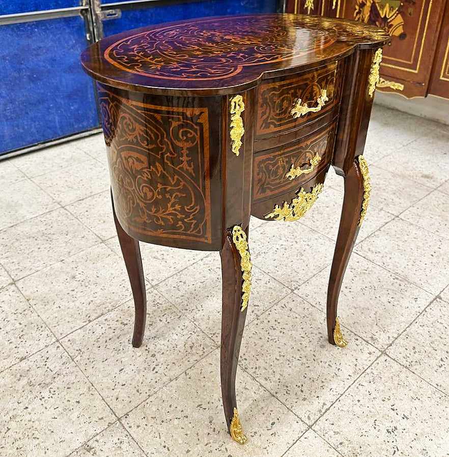 Bedside Table Louis XV Style – French Marquetry Side Table with Drawer