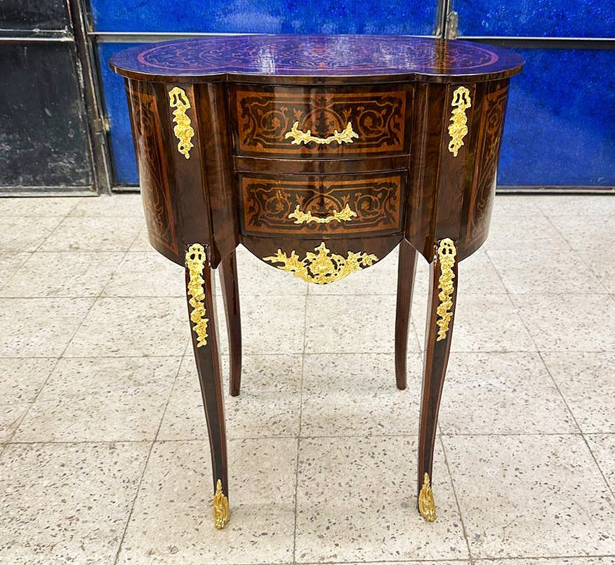 Bedside Table Louis XV Style – French Marquetry Side Table with Drawer