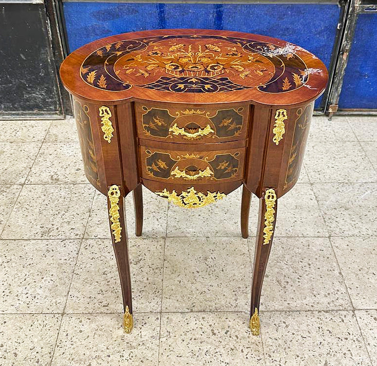 Bedside Table Louis XV Style – French Marquetry Side Table with Drawer