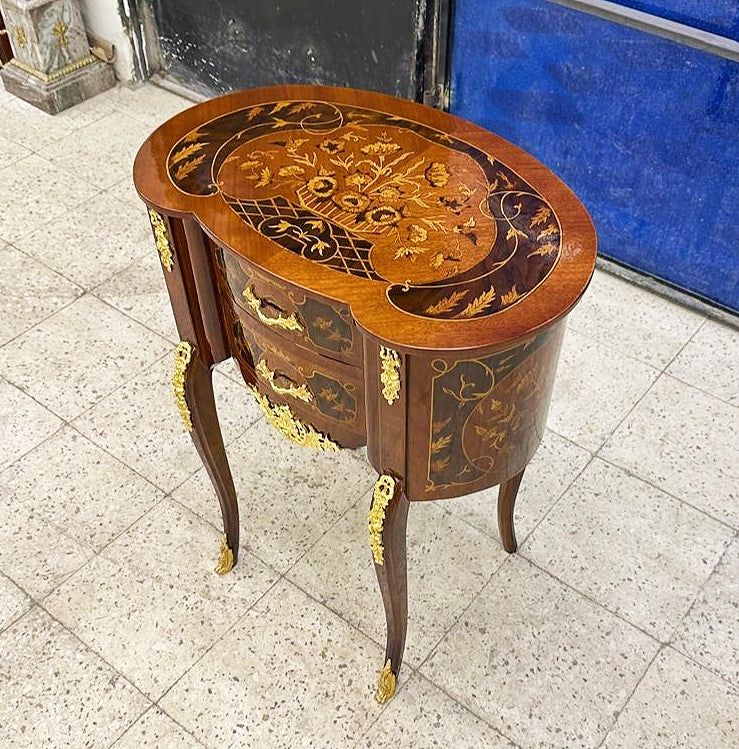Bedside Table Louis XV Style – French Marquetry Side Table with Drawer