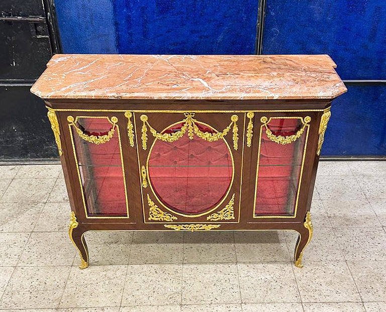 French Style Brown Vitrine Cabinet – Marble Top, Red Velvet Interior, Bronze & Gold Leaf Details Luxury Display Cabinet