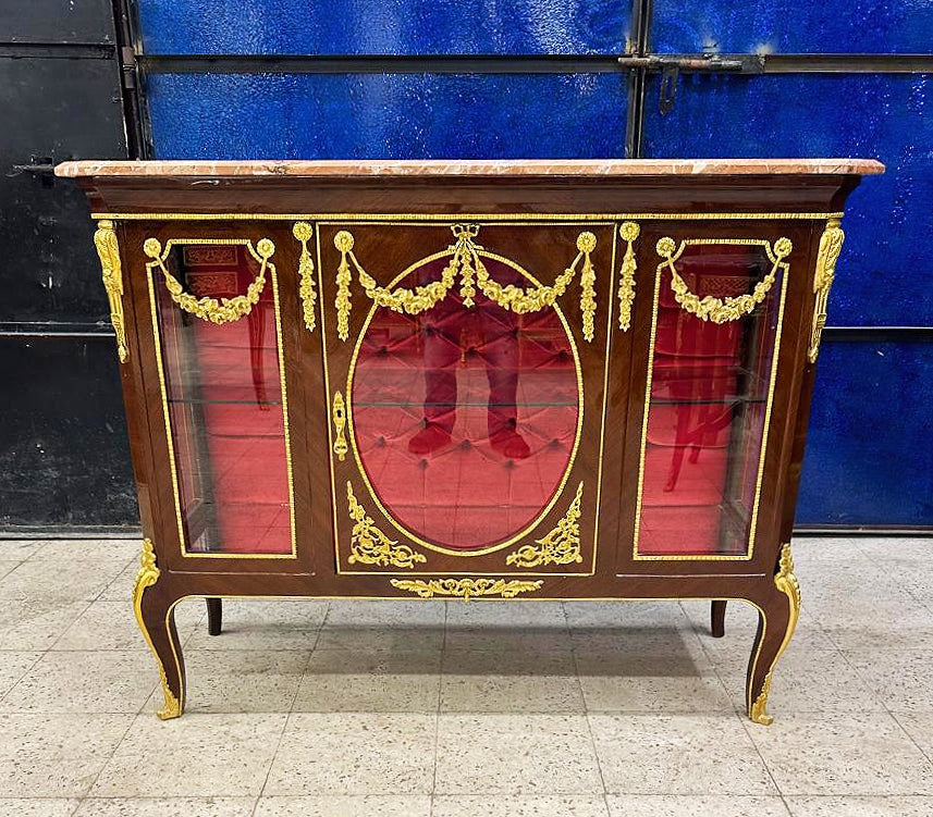 French Style Brown Vitrine Cabinet – Marble Top, Red Velvet Interior, Bronze & Gold Leaf Details Luxury Display Cabinet