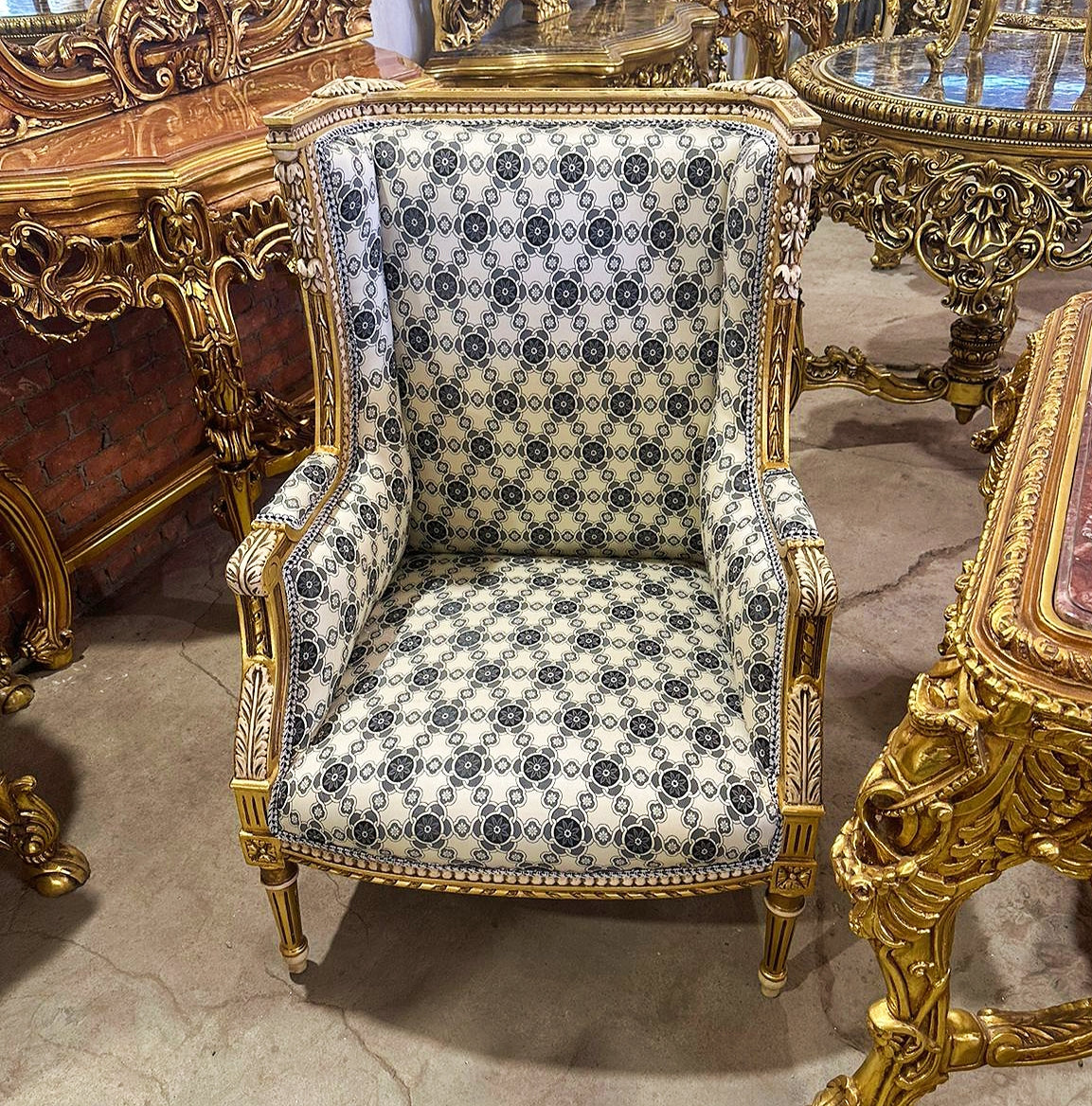 French Louis XV Style Gold/Blue Damask Bergere Wing Chair with Gold Details