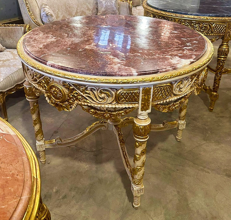 French Style White and Gold Center Table Marble Topped