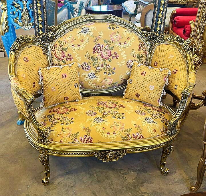 French Rococo Style Damask Light Yellow Sofa Vintage *2 pillows* Gold Leaf Details