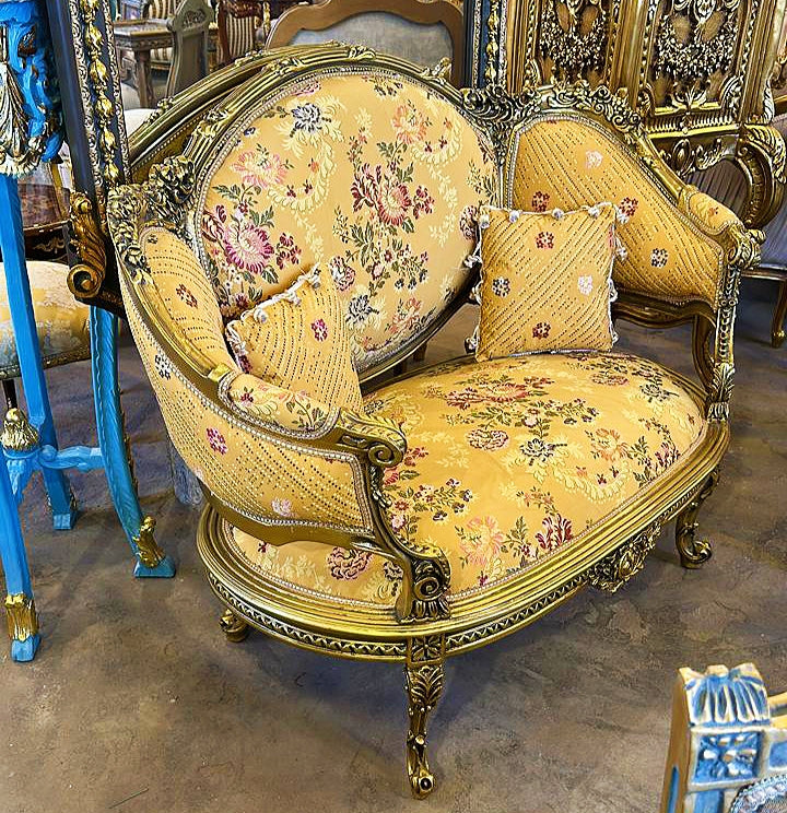 French Rococo Style Damask Light Yellow Sofa Vintage *2 pillows* Gold Leaf Details