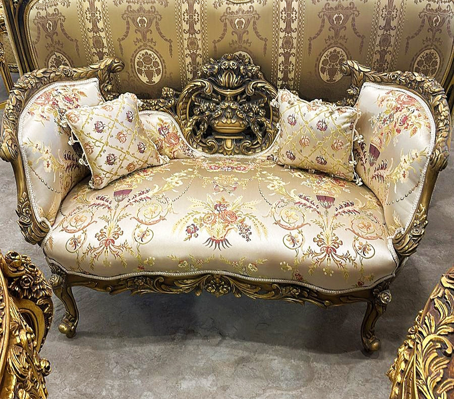 Beige French Settee Bench – Glam Accent for Living Room or Entryway