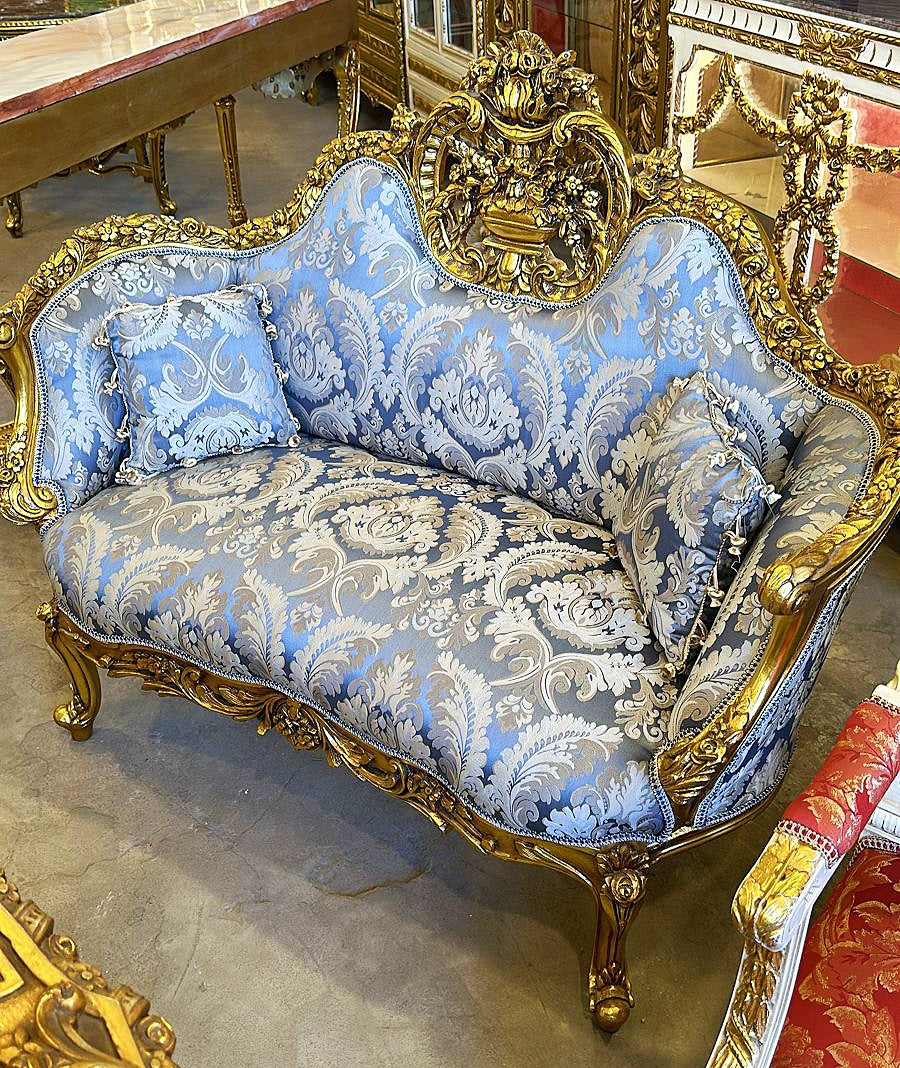 Luxury French-Style Settee in Blue Damask Fabric with Gold Leaf Accents