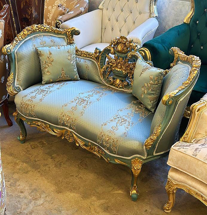 Elegant French Blue Green Settee with Gold Leaf Detailing – Vintage Style Bench